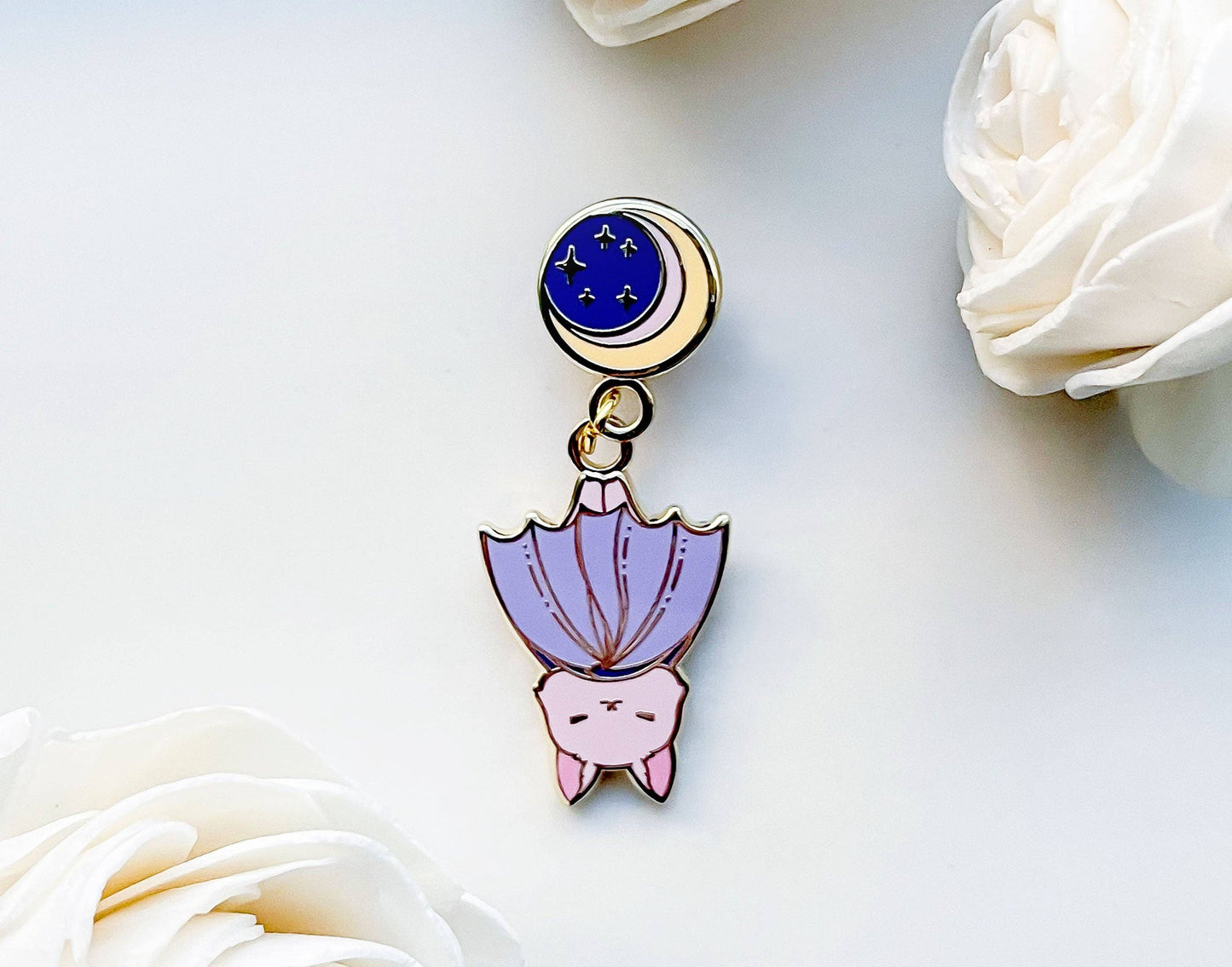 Moon Hanging Baby Bat Enamel Pin