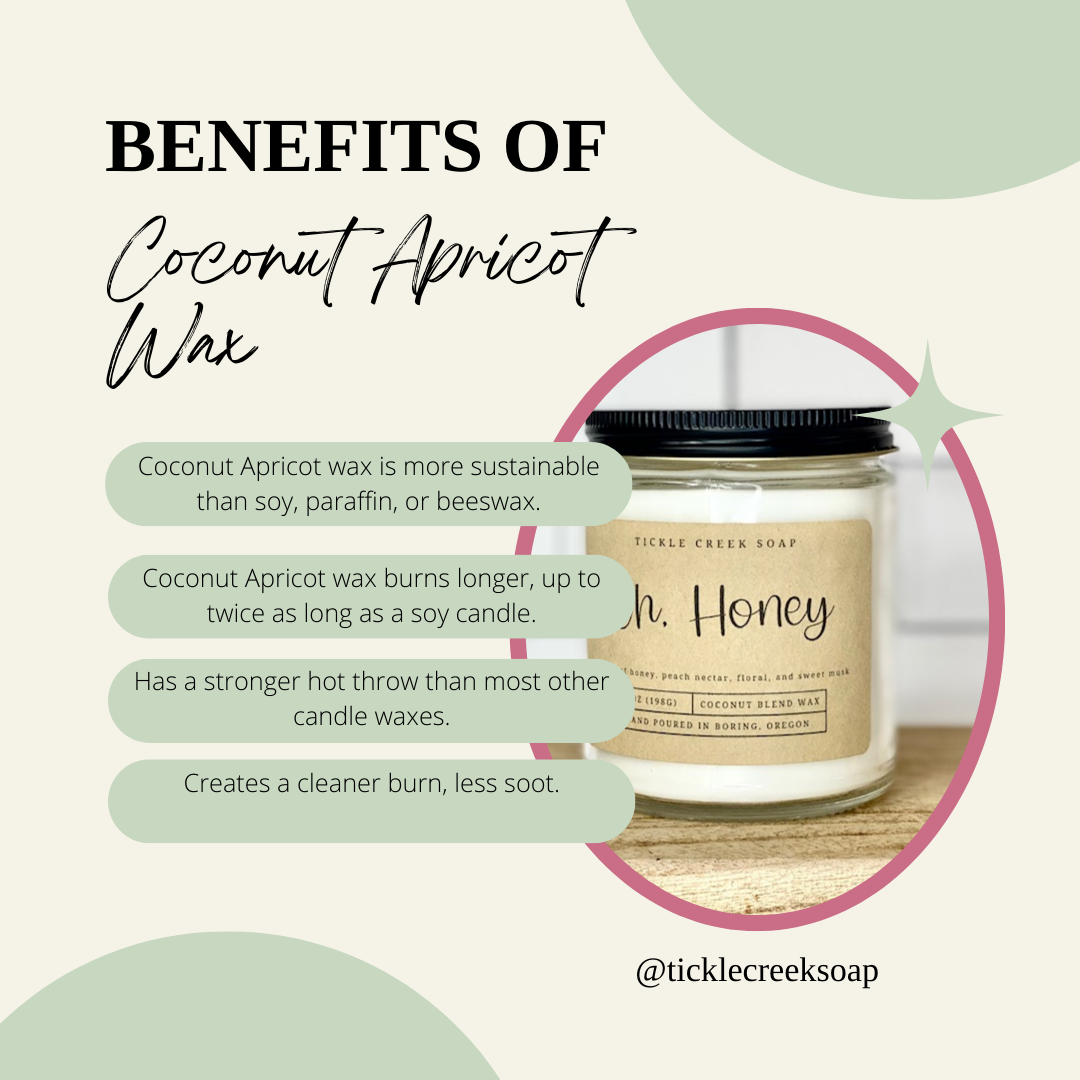 Coconut Apricot wax candle with text on its benefits on a light background