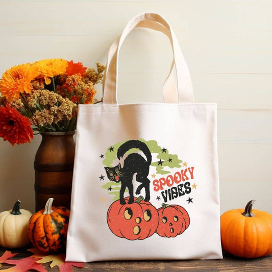 Spooky Vibes Halloween Cat Pumpkin  Canvas Tote Bag