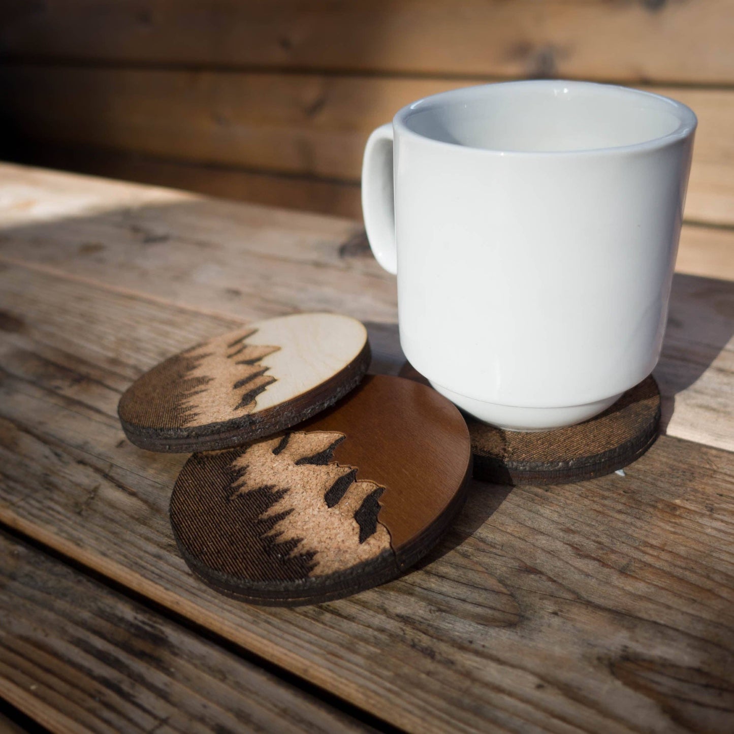 Mountain Dark Wood and Cork Coasters