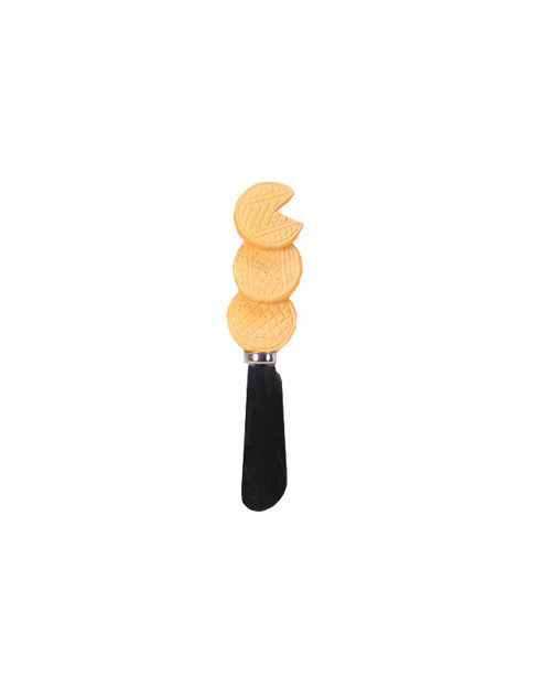 A cheese knife with a stainless steel spreader and a wooden handle designed to look like three stacked cheese wheels with a wedge cut out of the top one.