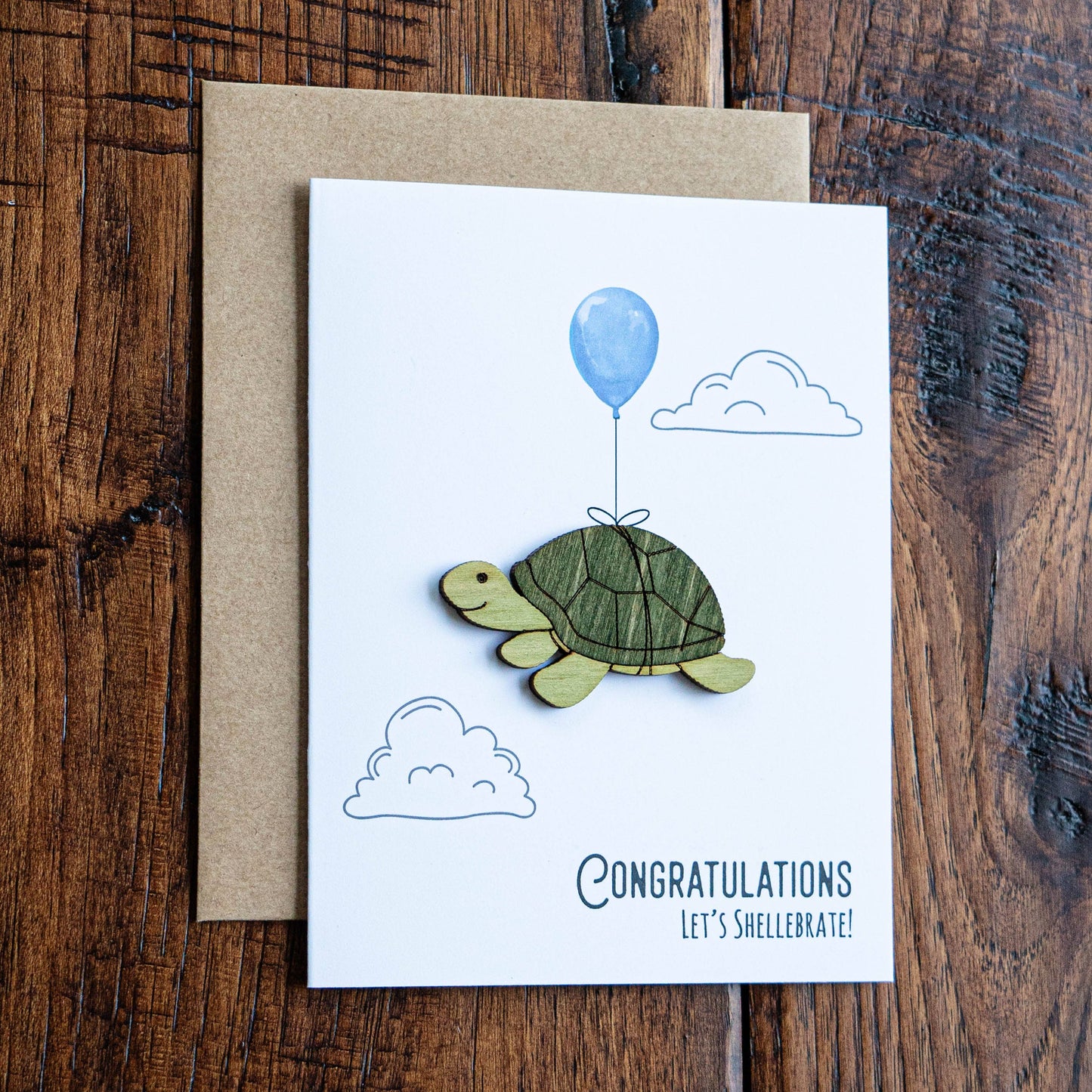 Congratulations Card Let's Shellebrate Turtle card with wood