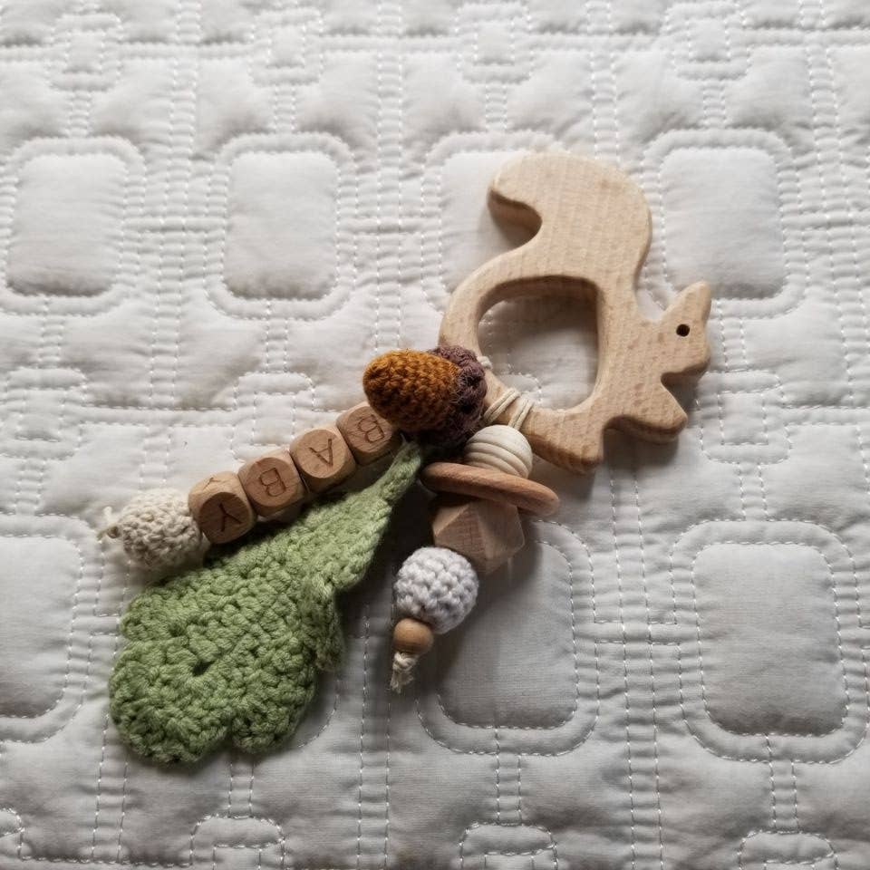 Hand Crochet Pinecone & Wood Squirrel Teether