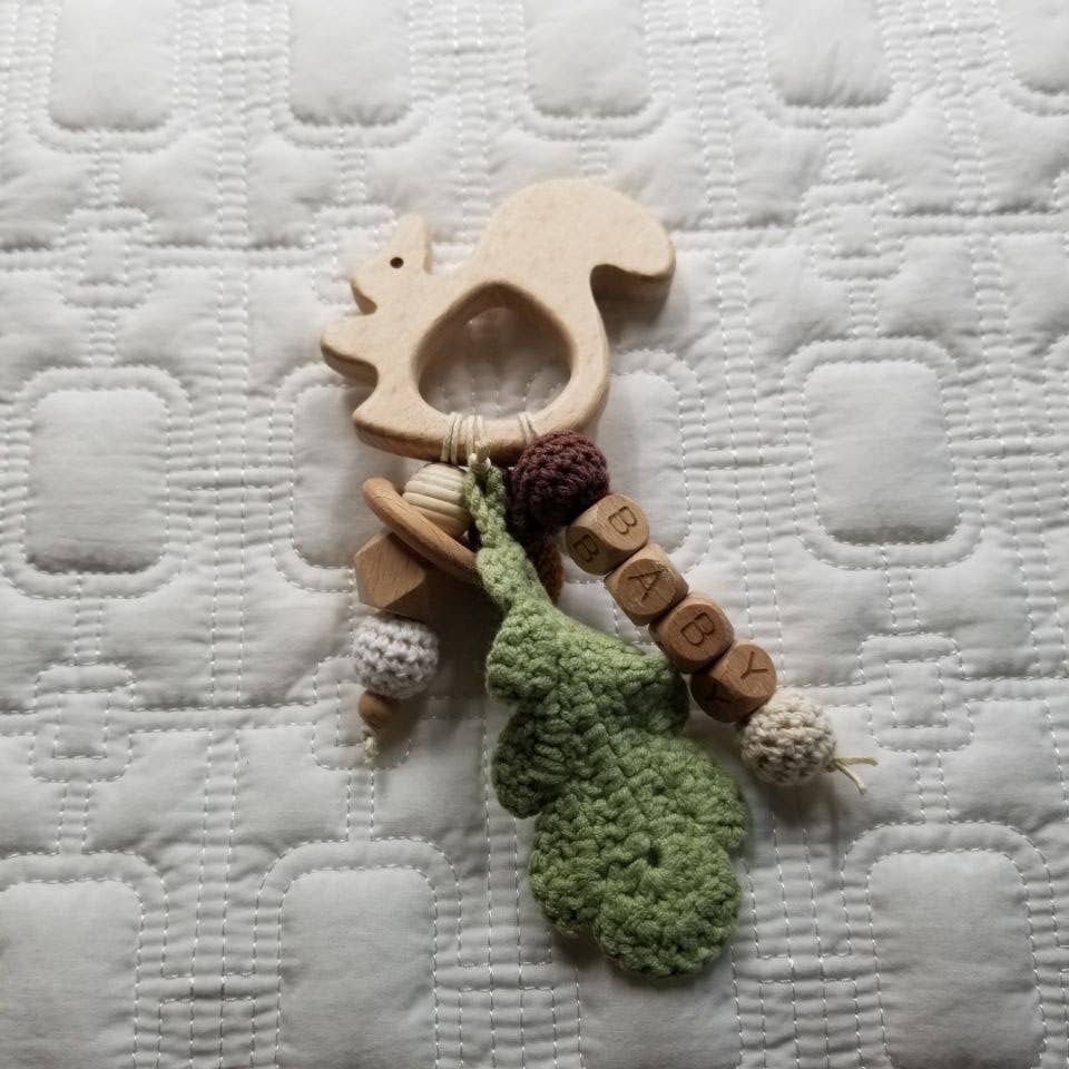 Hand Crochet Pinecone & Wood Squirrel Teether