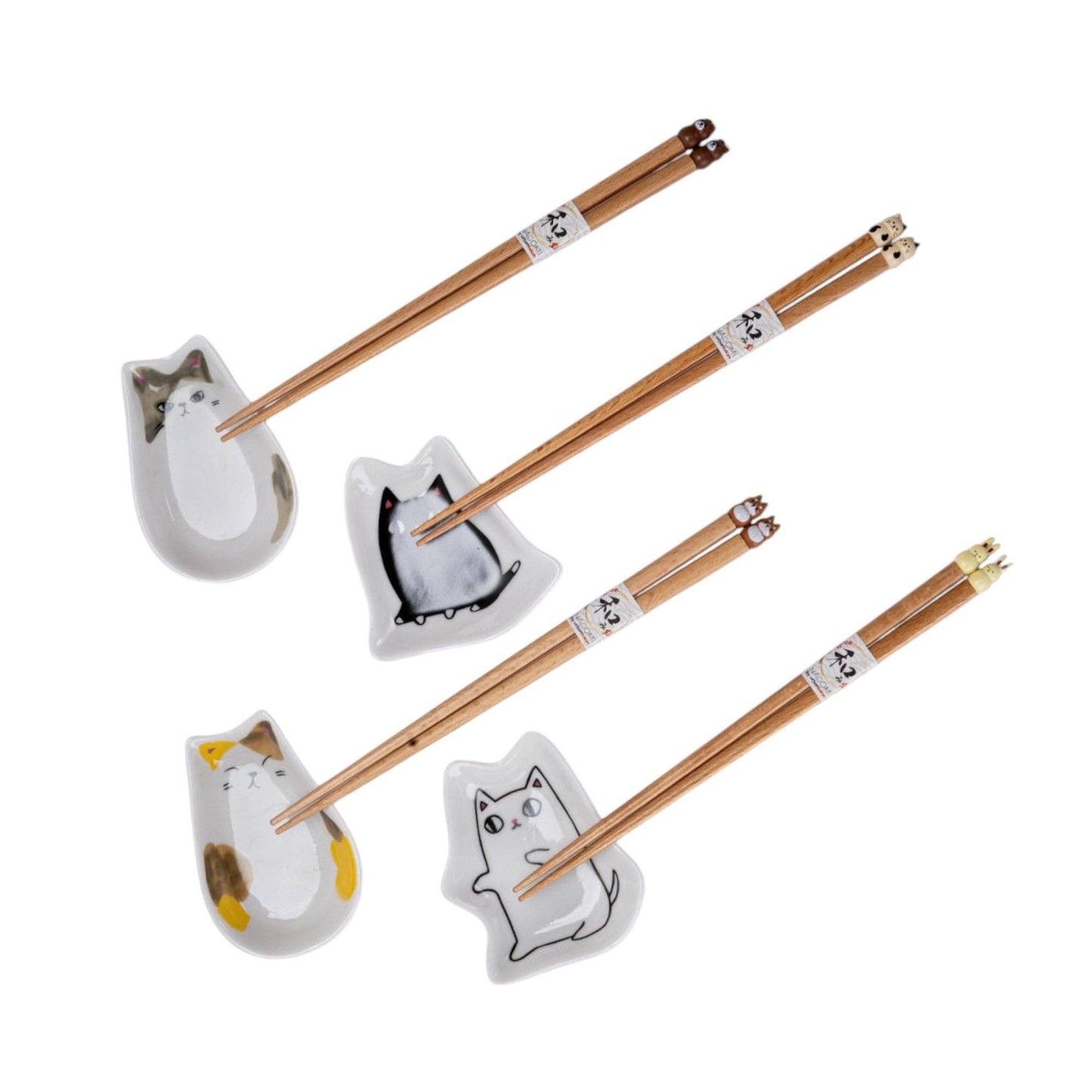 4 Pair Cute Cats Wooden Chopsticks and Sauce Dish Gift Set