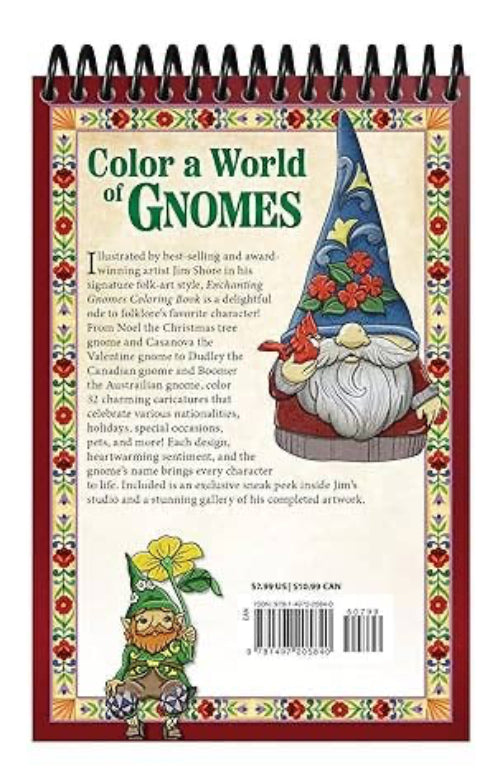 Coloring book back cover with gnomes and decorative text