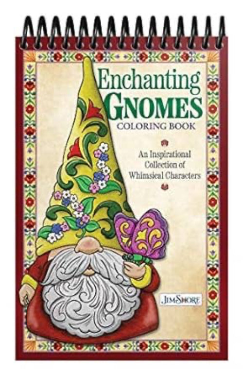 Coloring book cover featuring a gnome with decorative hat and text 'Enchanting Gnomes'.