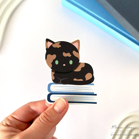Tortie Cat on Books Vinyl Sticker