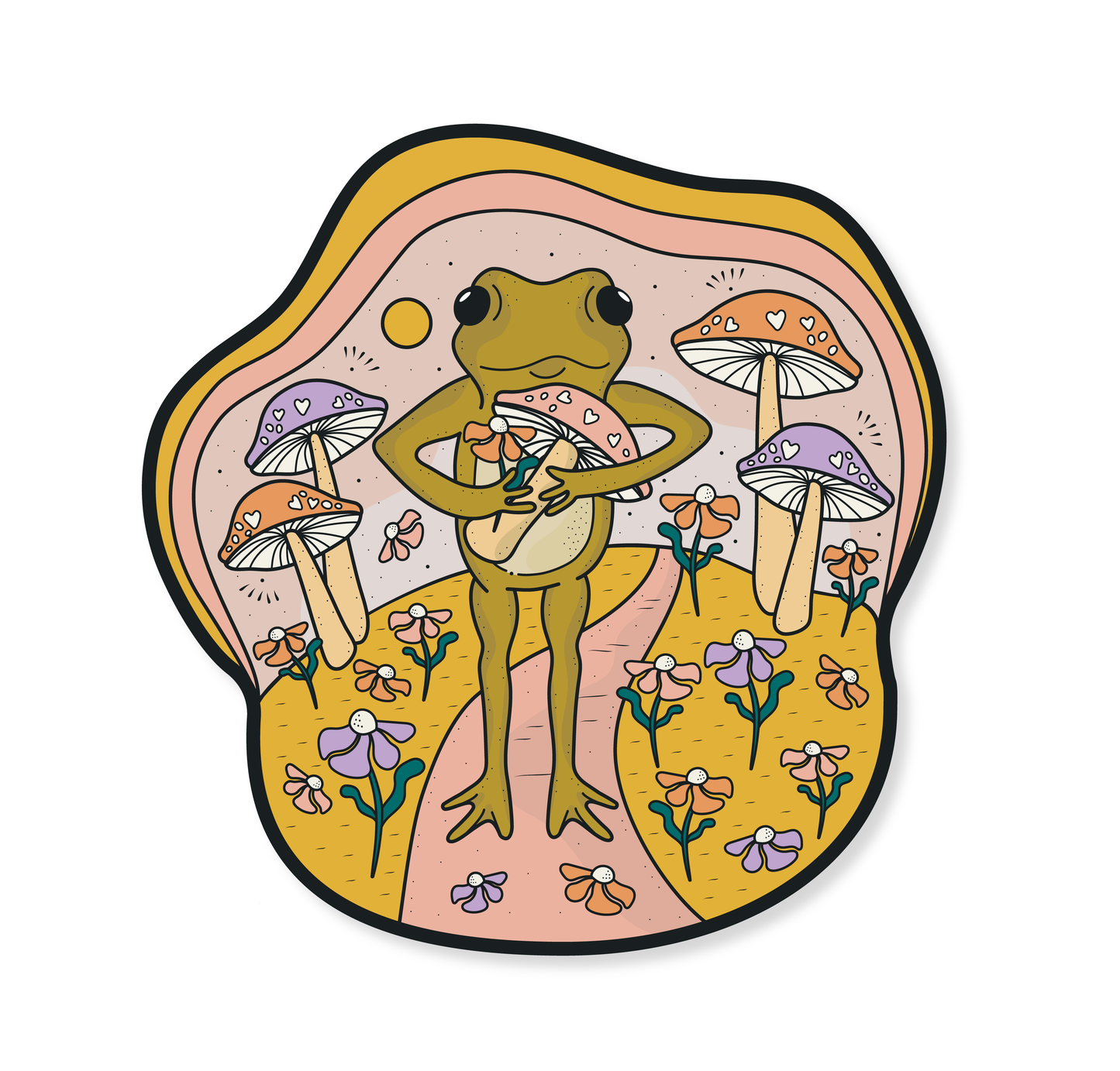 Image of the Friendly Froggy sticker, a design of a frog walking along a path through a field of flowers and mushrooms, carrying a pink flower and a pink mushroom.