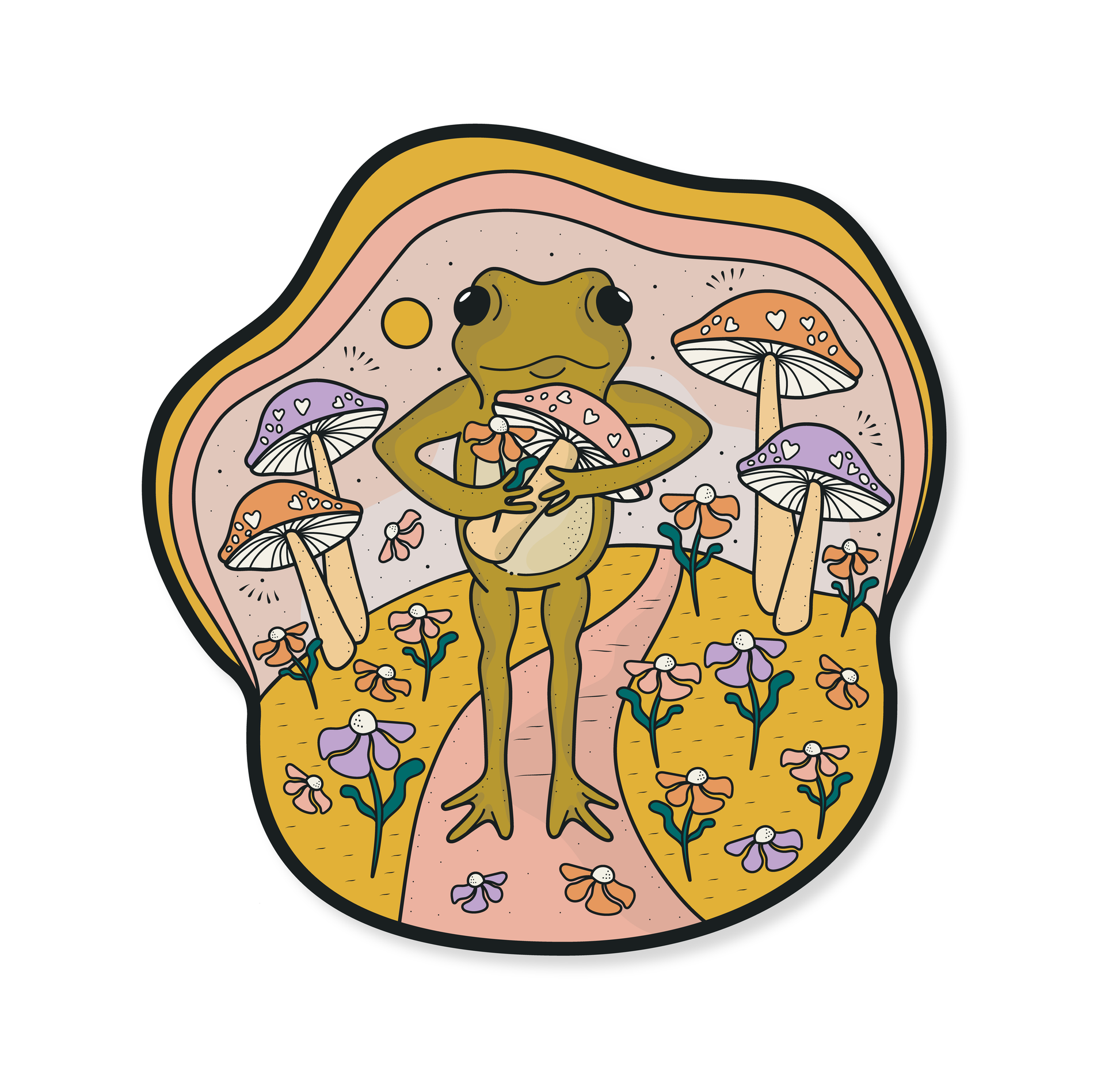 Image of the Friendly Froggy sticker, a design of a frog walking along a path through a field of flowers and mushrooms, carrying a pink flower and a pink mushroom.