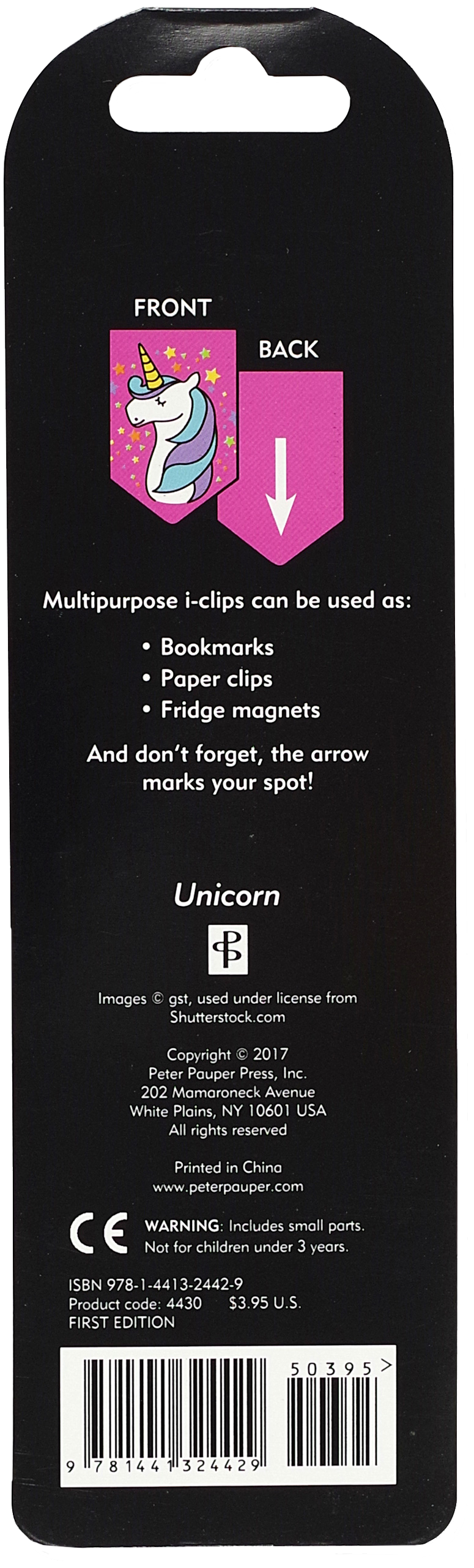 Back of a packaging for i-clips with unicorn design and usage instructions.