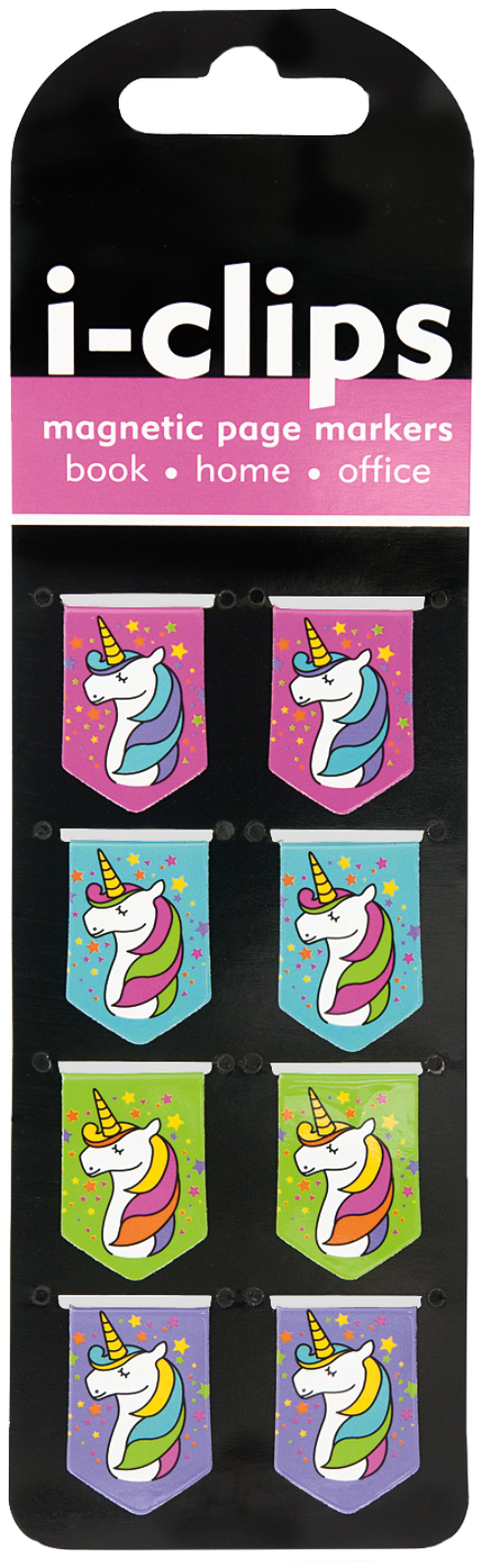 Packaging of i-clips magnetic page markers with unicorn designs.