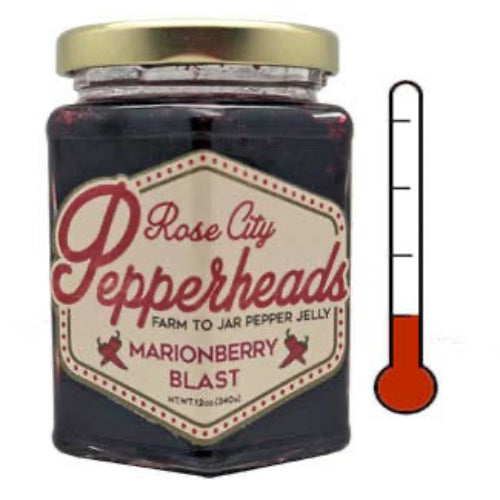 Jar of Rose City Pepperheads Marionberry Blast pepper jelly with a thermometer icon on a white background