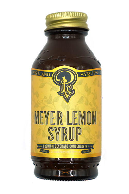 Bottle of Meyer Lemon Syrup with a yellow label on a white background