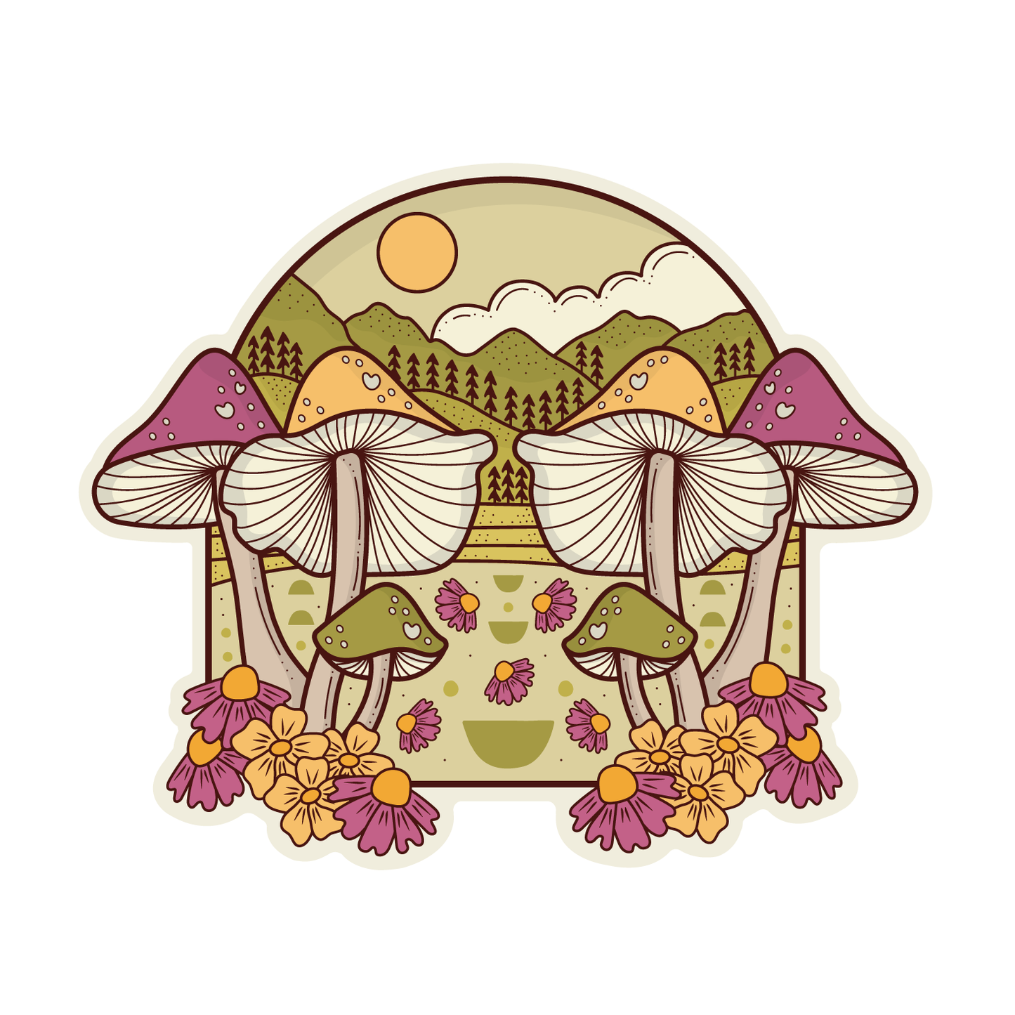 Image of the Mushroom Forest sticker, a design of large purple, yellow, and green mushrooms in front of a backdrop of wooded, sunny hills.