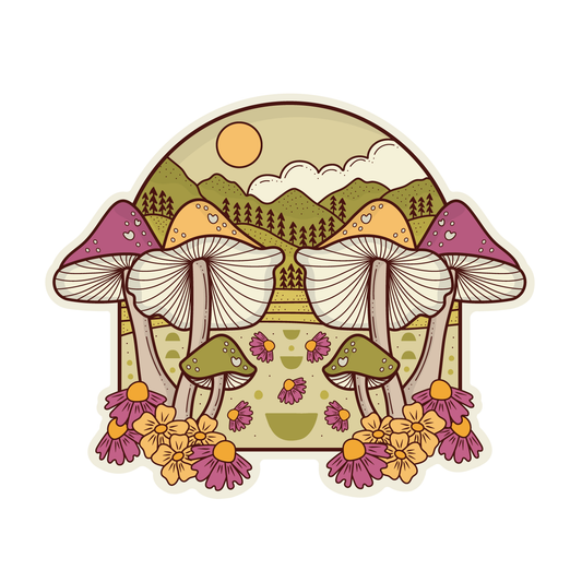 Image of the Mushroom Forest sticker, a design of large purple, yellow, and green mushrooms in front of a backdrop of wooded, sunny hills.