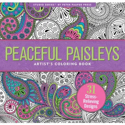 Coloring book titled 'Peaceful Paisleys' with paisley patterns on a purple background.
